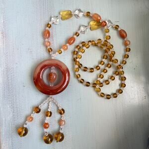 Artist made gemstone glass bead long necklace statement natural stone jewelry